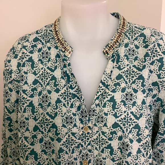 Talbots Print Cotton Top XL 3/4 Slv Beaded Neckline - Picture 2 of 13